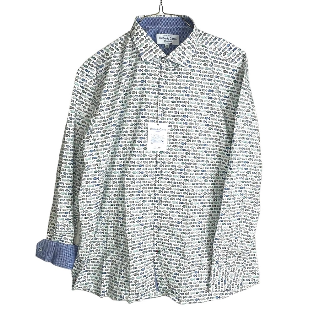 Umberto Carro Positano Shirt 50/20.5 Long Sleeve Button Up Fish Print Flip Cuff